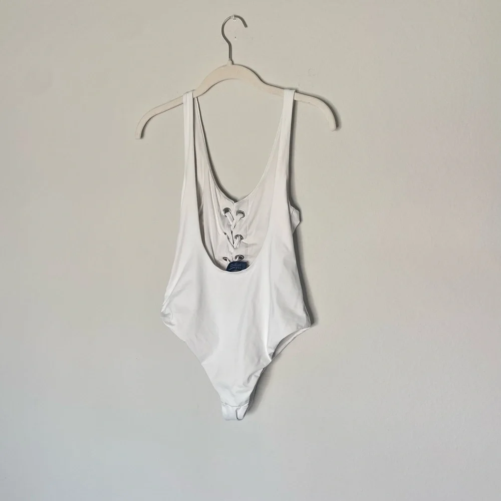 Zara White Lace Up One Piece Swimsuit Low Swoop Back - Picture 8 of 8